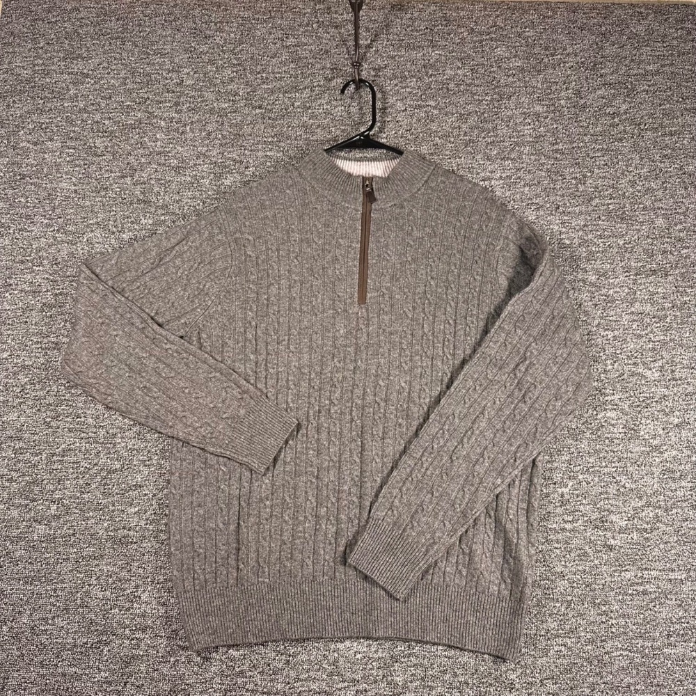 Peter Millar Crown Fleece Gray Wool Yak Cashmere Cable Knit 1/4 Zip Sweater L